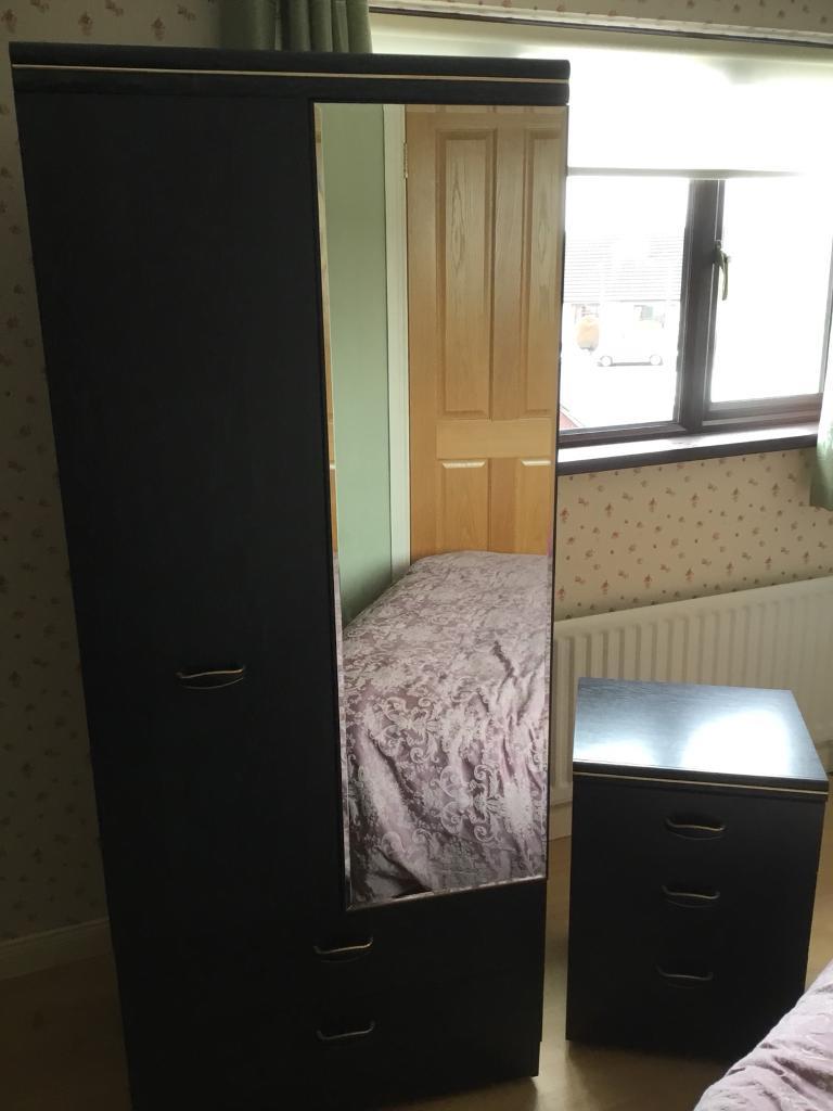 Double Wardrobe With Mirror And Matching Bedside Cabinet Black