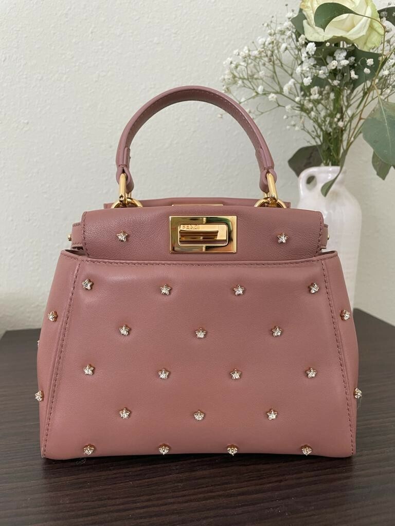 FENDI Ladies Peekaboo Iconic XS Rose/Pink Studded Leather