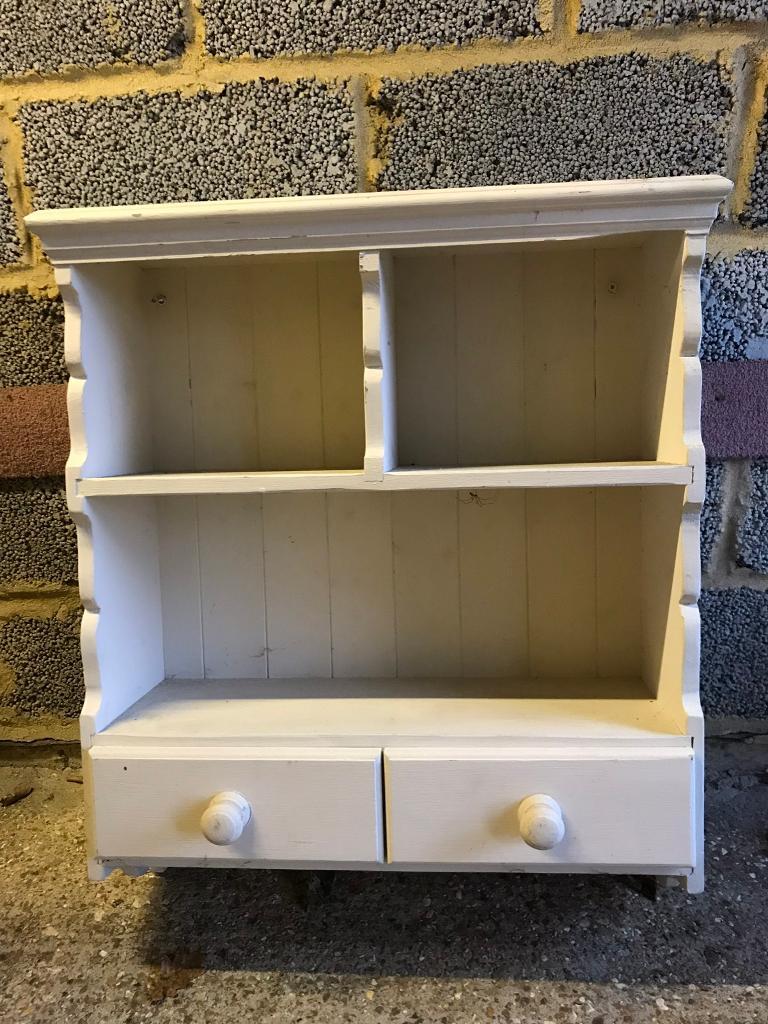 Shabby Chic Painted White Wooden Wall Mounted Shelving Draw Unit in