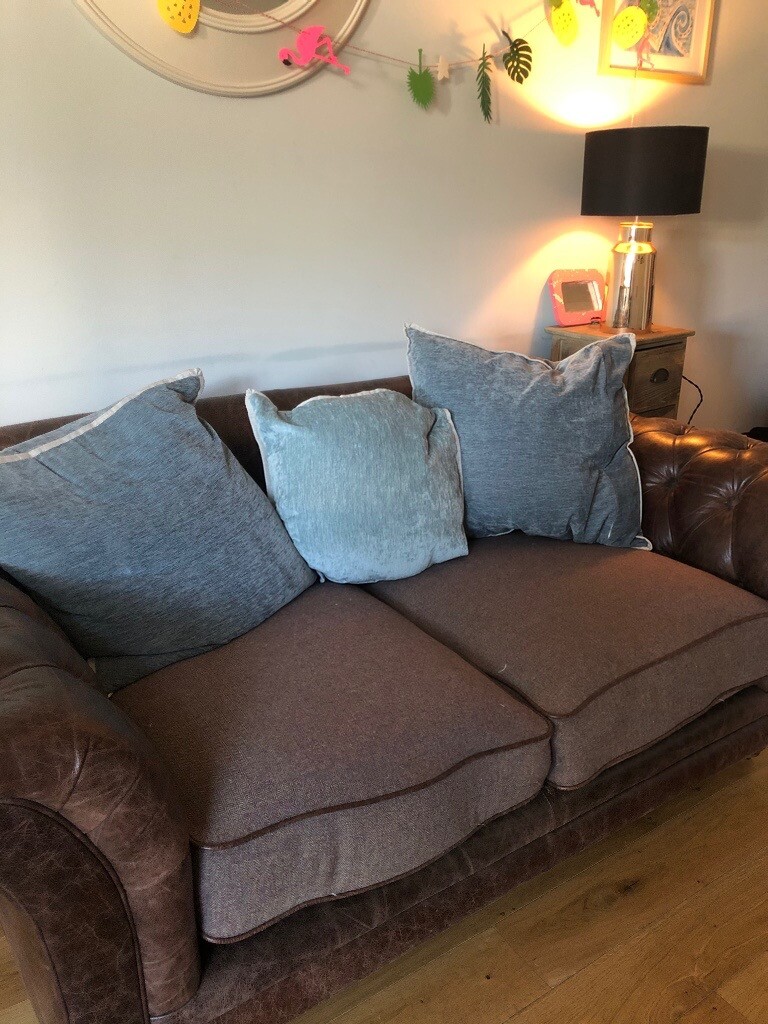 Leather sofa , Chesterfield sofa with fabric cushions in Fairwater