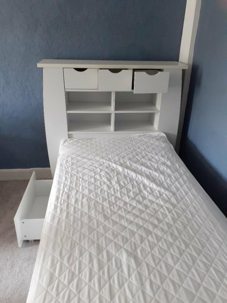 2 Identical White Single Beds With Storage In Headboard And Drawers