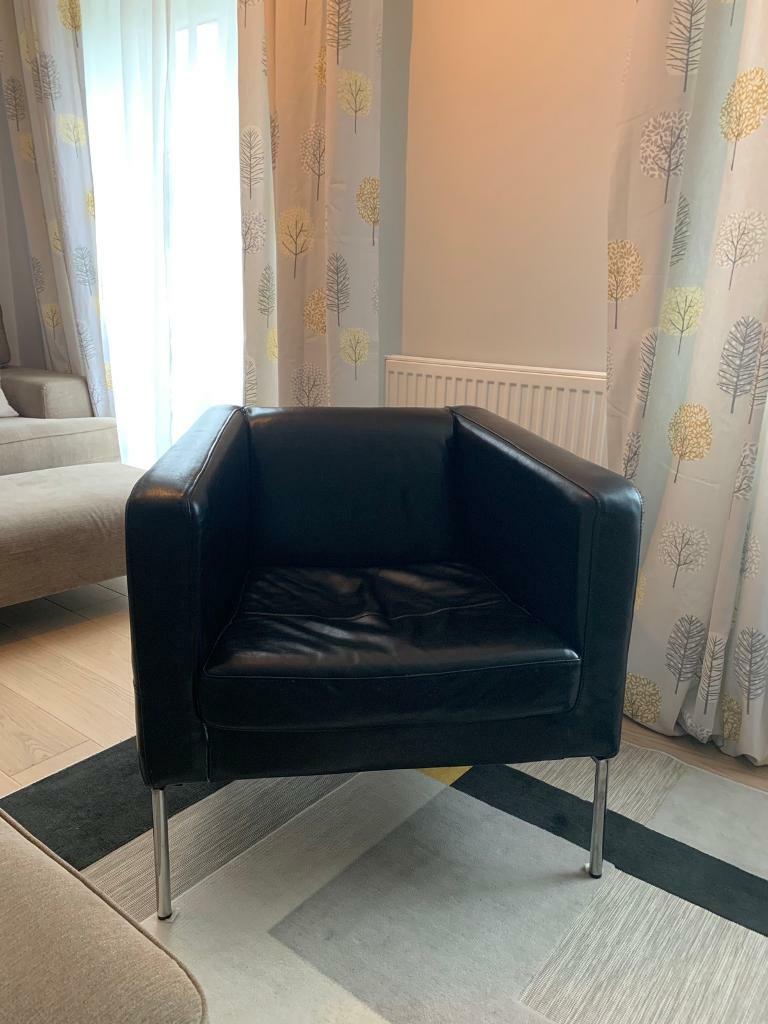 Ikea klappsta black leather armchair with chrome legs, very comfy in