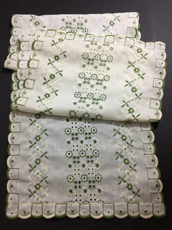 Vintage doily dresser scarf  50 x 13 green cream eyelet lace scalloped edge