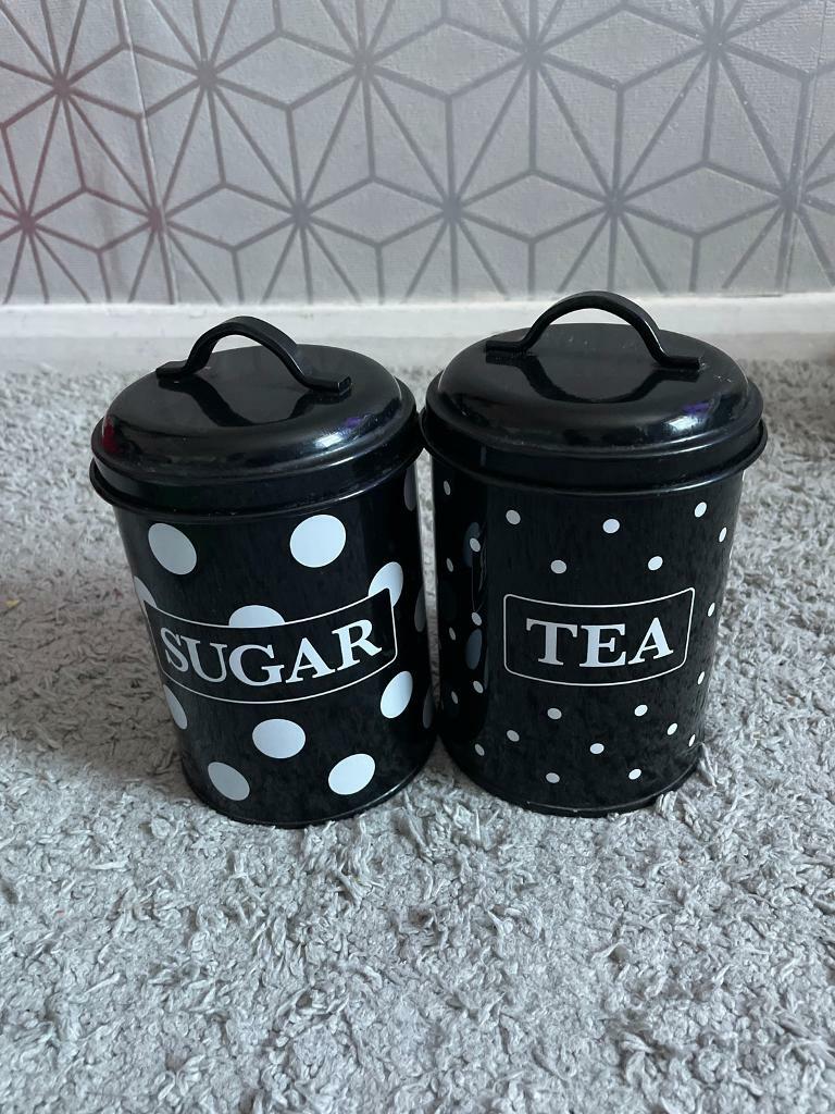 Dunelm black/white polka dot tea and sugar canister in Ipswich