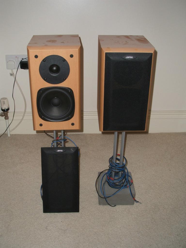 Jamo E510 speakers complete with short IKEA concrete speaker stands in Hillsborough, County