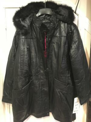 Pre-owned Midnight Velvet Women's Winter Church 100% Lambskin Leather Hooded Faux Fur Jacket Coat Plus 3xl In Black