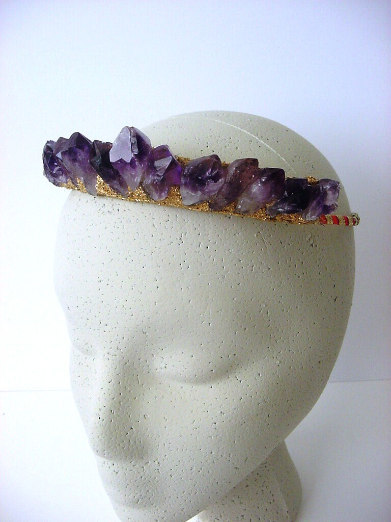 Raw Amethyst Crystal Fairy Boho Crown Tiara Gold Leaf Rainbow
