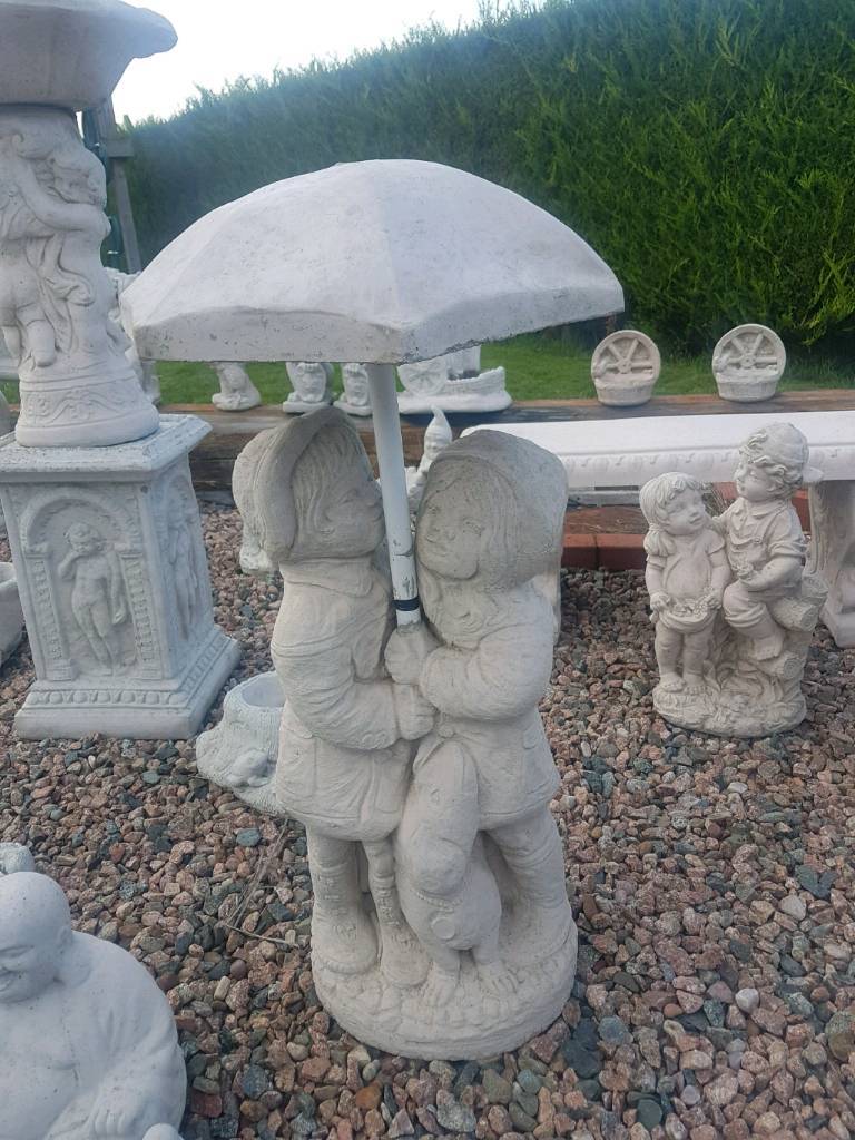 Concrete Boy and Girl with Dog Under Umbrella Garden Statue in