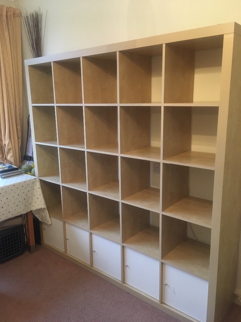 Ikea Kallax shelving unit with 5 cupboard inserts in beech. 185cm High