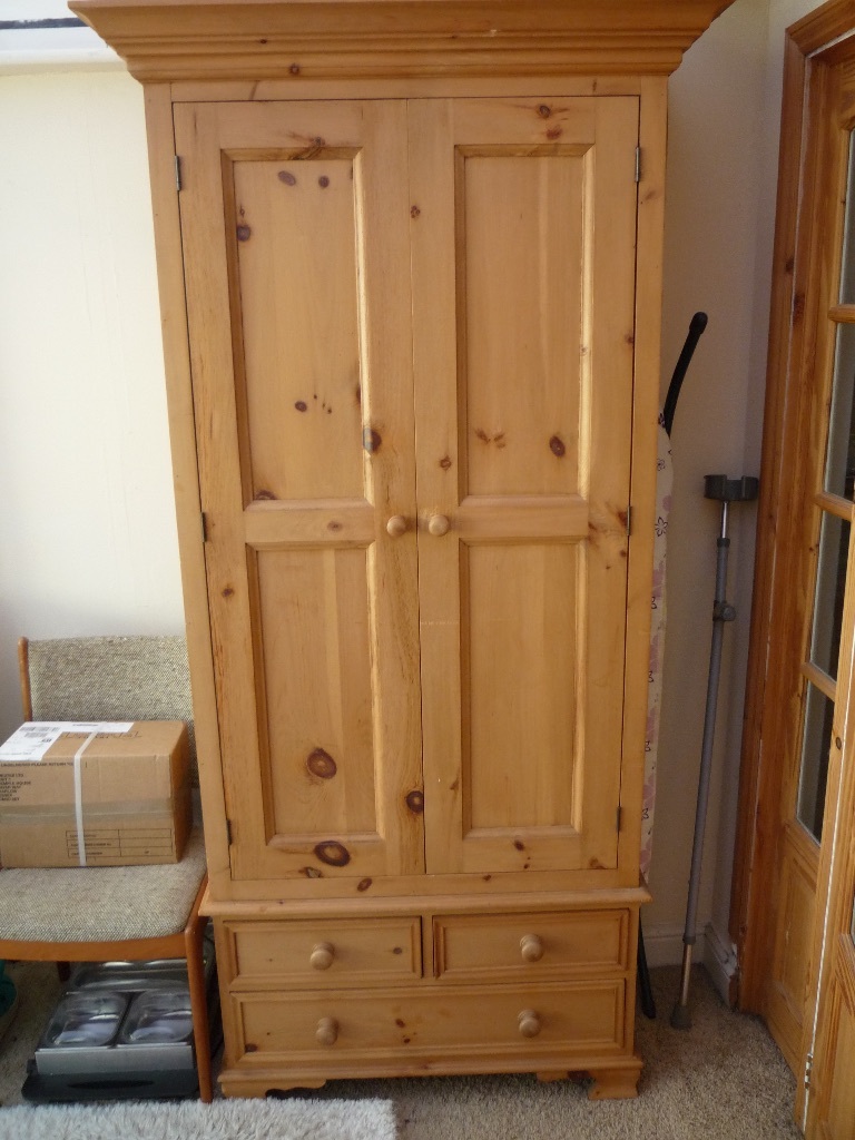 Solid Antique Pine Wardrobe with 3 Draws & Pelmet in Dover, Kent
