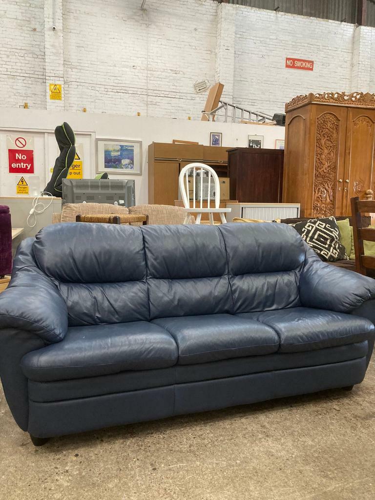 Blue leather three seater sofa in Newcastle, Tyne and Wear Gumtree