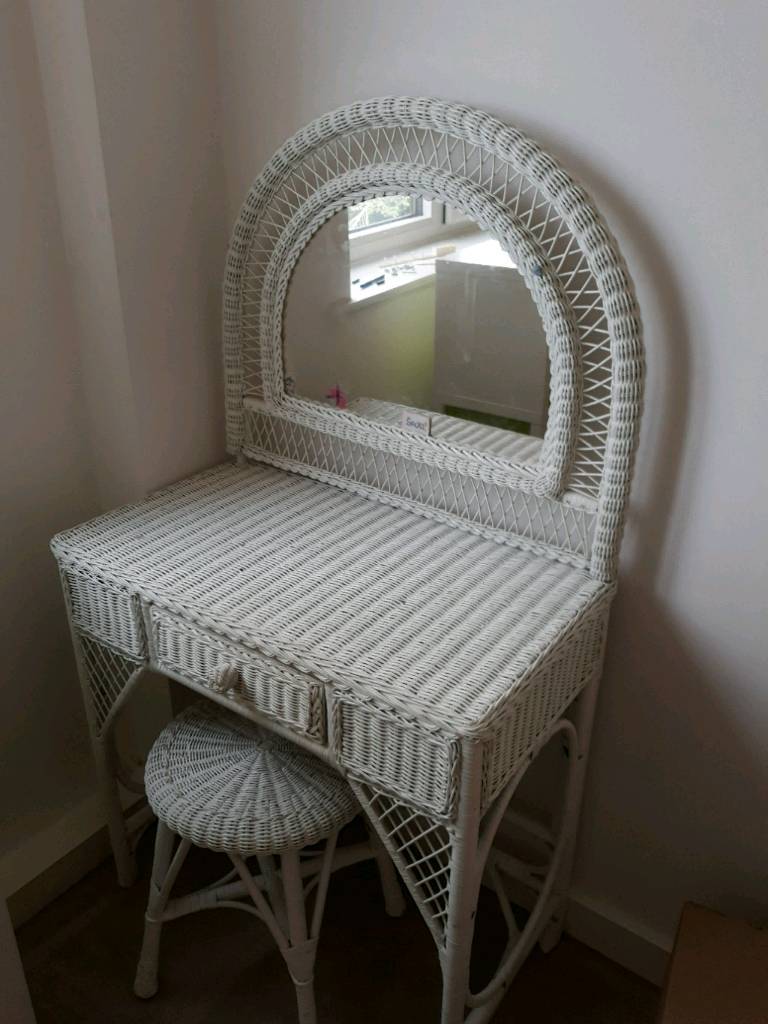 White wicker dressing table with mirror and stool. in Dollis Hill
