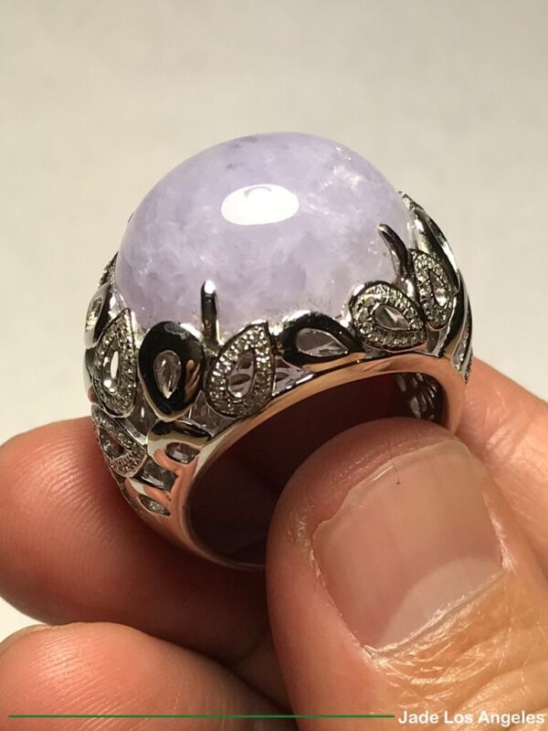 Unisex Cabochon Rich Lavender Jadeite Jade 18k White Gold Diamond Ring Us Size 9