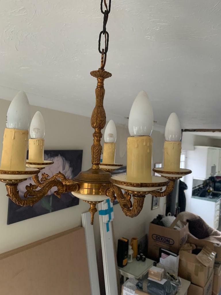 Vintage Heavy Solid Antique Brass & Marble Ceramic 5 Way Chandelier