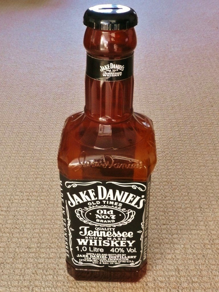 21.5" Tall Large Jake Daniels Whiskey Bottle Shaped Money Bottle Money