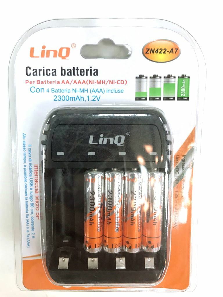 Carica Batterie Pile AA AAA Linq Zn422-a7 + 4 Pile Omaggio miniStilo 2300mha