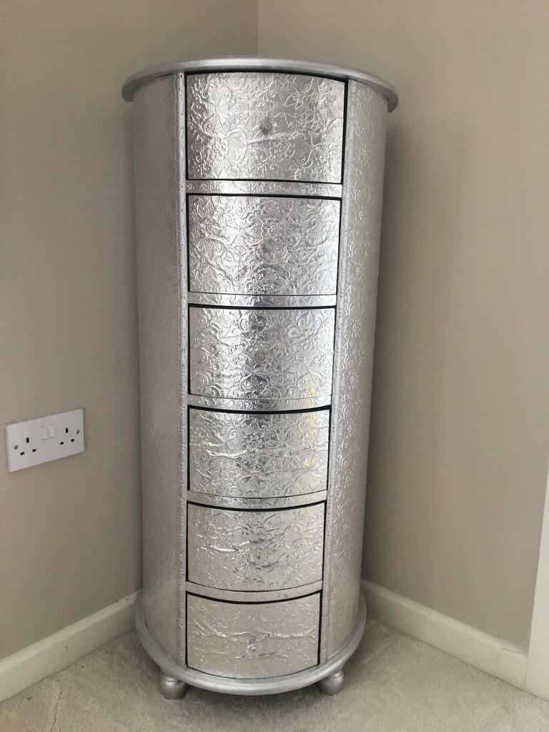 Chic Silver Embossed 6 Drawer Tall Chest Of Drawers Tallboy In