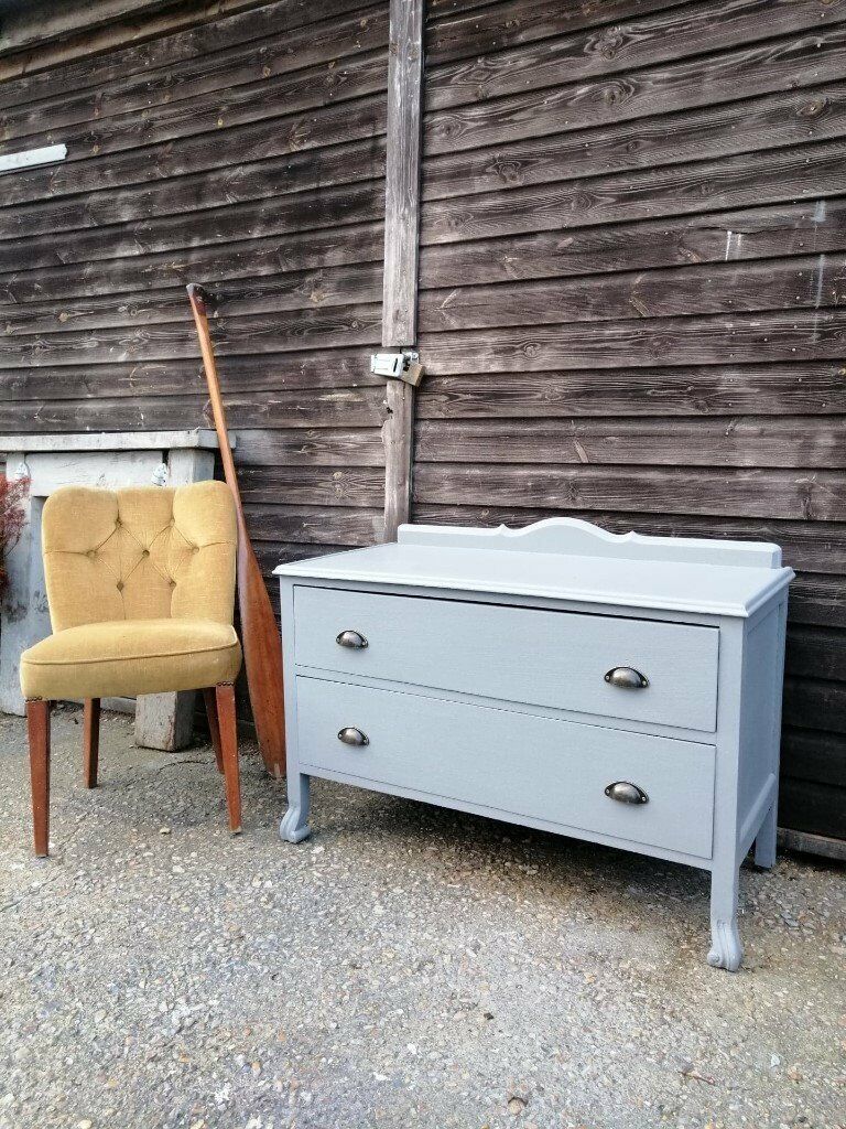 Vintage Oak Long Chest Of Drawers Bedroom Dresser In Grey
