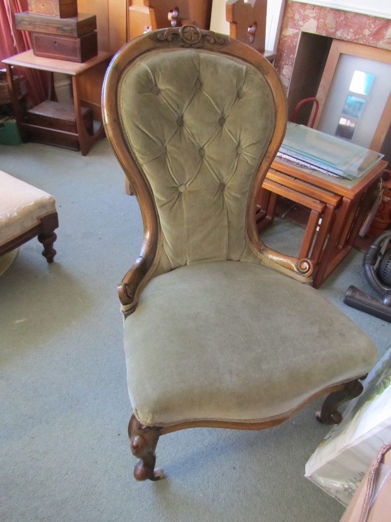 Antique Victorian Mahogany Green Button Back Spoon Chair Bedroom hall
