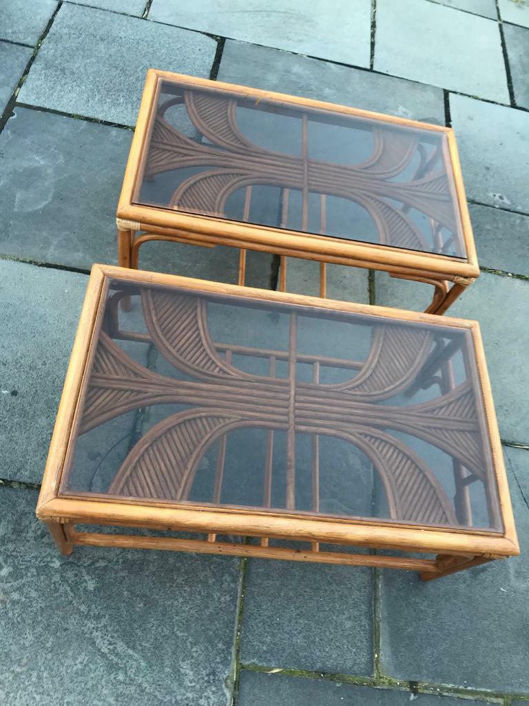 Pair of vintage rattan bamboo glass top coffee tables | in Portsmouth