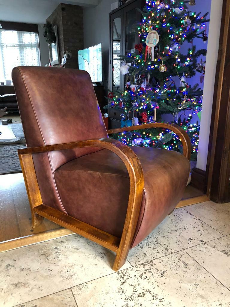 Laura Ashley Darwin leather armchair scandi Art Deco vintage chair in