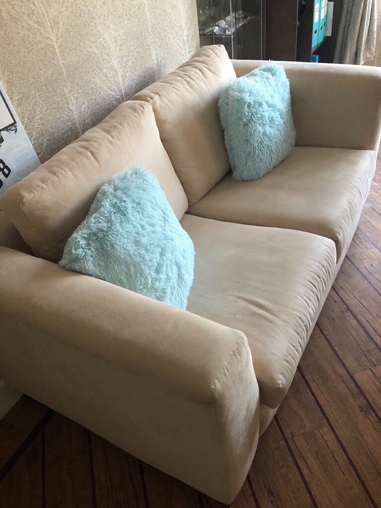 reduced****2x Cream suede sofas (interior designer, handmade) in East