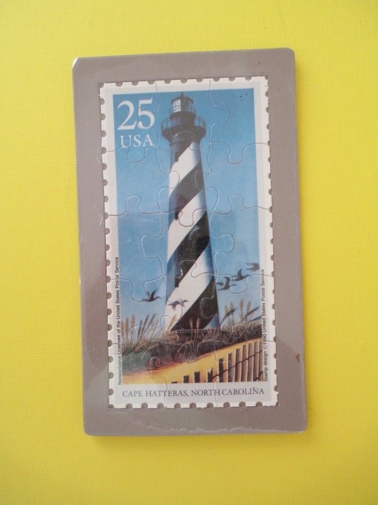 VINTAGE PUZZLE POSTCARDS OF LIGHTHOUSES,WITH STAMPS DEPICTING THE LIGHTHOUSES