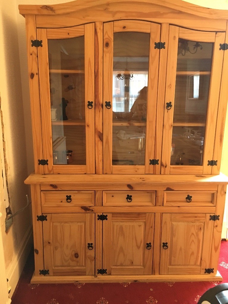 Large pine dresser, 3 glass doors for display, 3 drawers and 3 storage