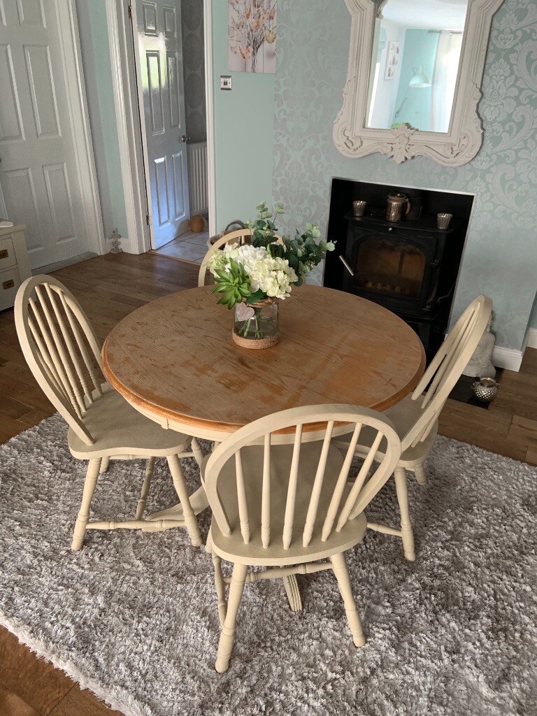 shabby chic vintage solid oak dining table & 4 chairs upcycle