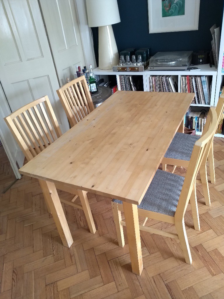 Birch block table and 4 Ikea NORRNAS birch dining chairs with grey