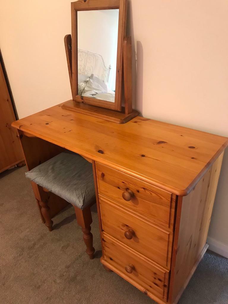 Pine dressing table complete with three drawers, pine detached mirror