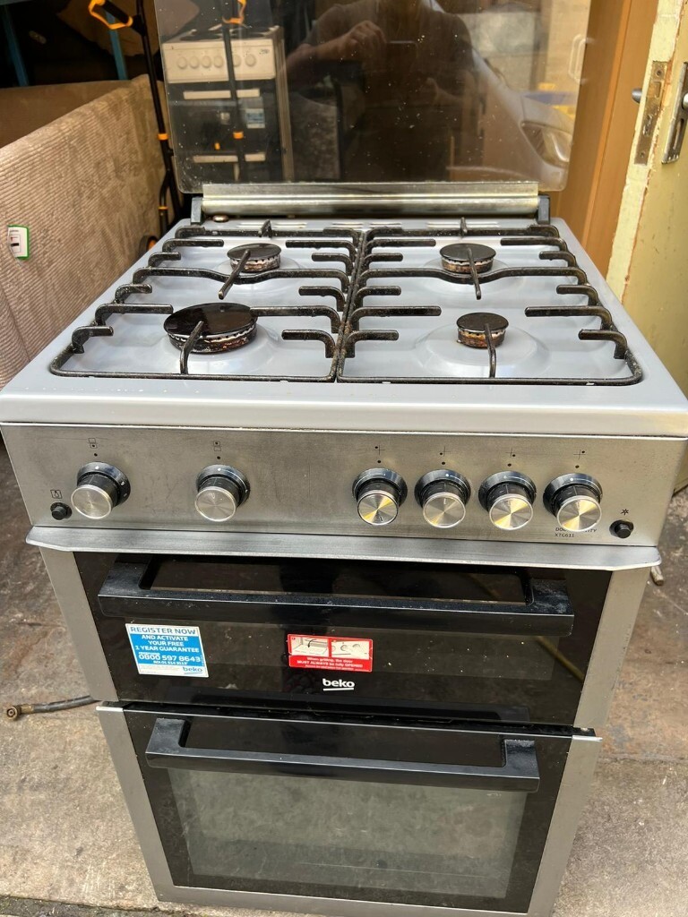 SILVER GAS COOKER GLASS TOP FREESTANDING 50CM DOUBLE CAVITY + FREE