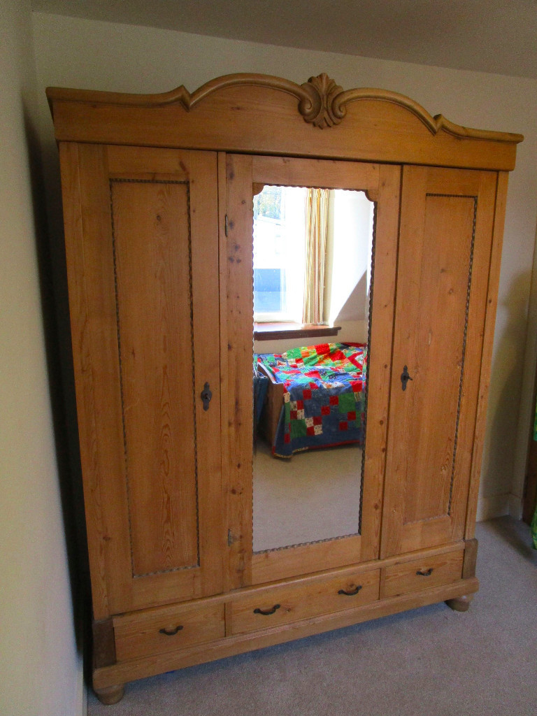 Solid Pine Antique Wardrobe With Shelves Drawers Mirror Double