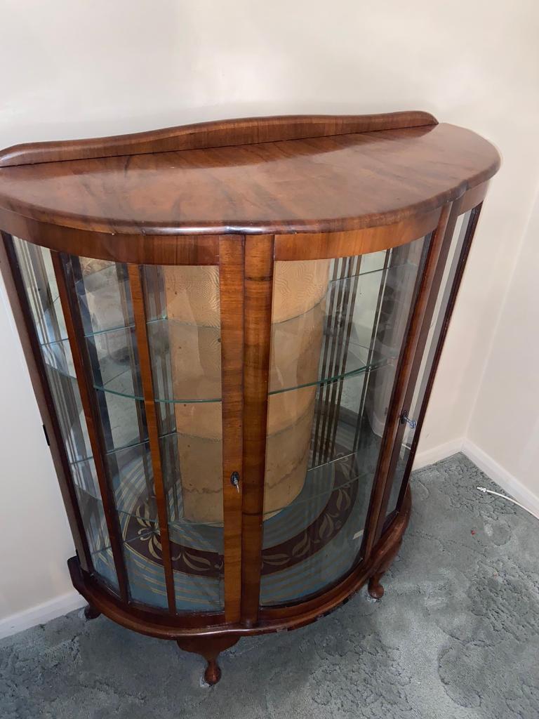 Vintage 1940’s Barget London Glass Display Walnut Bow Front