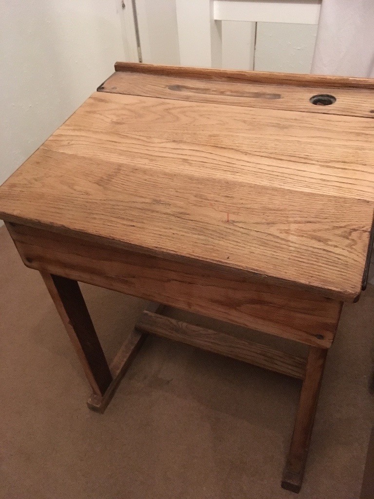 Lovely vintage wooden school desk with lift up top. The outside has