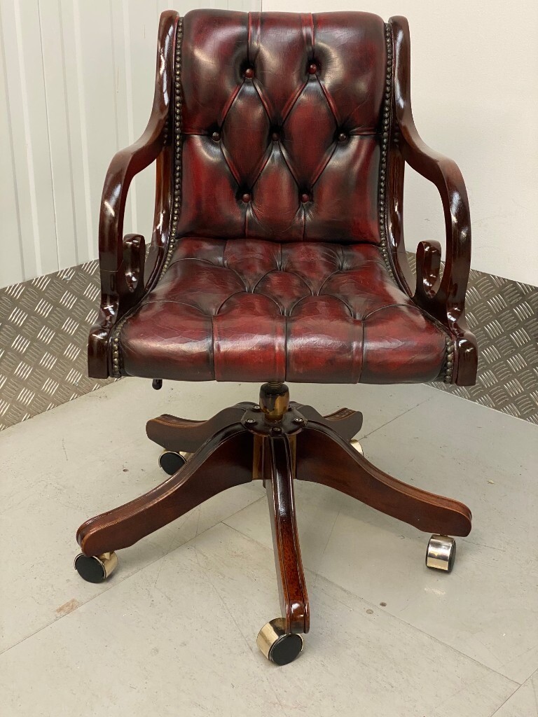 LEATHER CHESTERFIELD Directors Captains Swivel Office Desk Chair Oxblood in Tadcaster, North