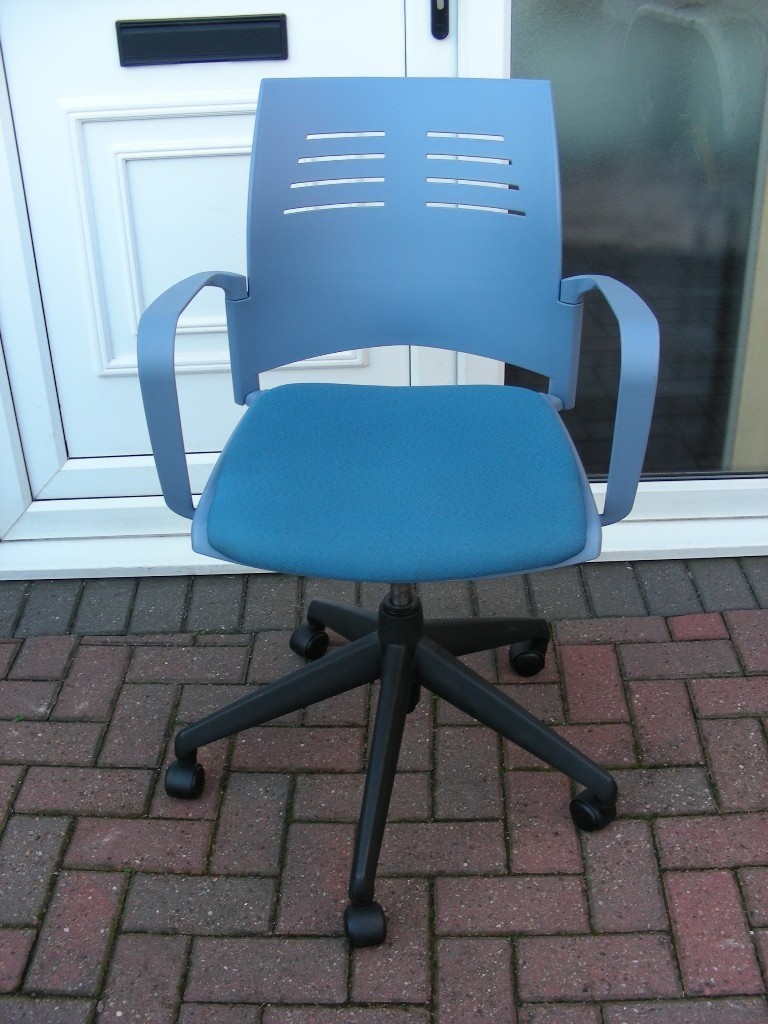 Office Arm Chair Blue Padded Seat Swivel Gas Lift Height Adjustable on