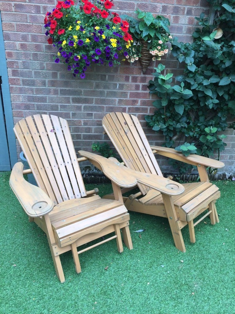 2 Wood Adirondack Chairs Ottoman Outdoor Patio Deck Garden Seats Lounge