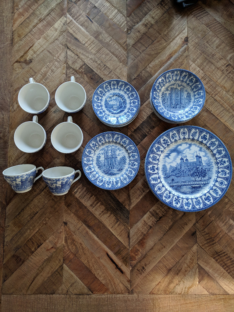 Broadhurst Ironstone Vintage Blue ad White China 1977 Queen's Silver