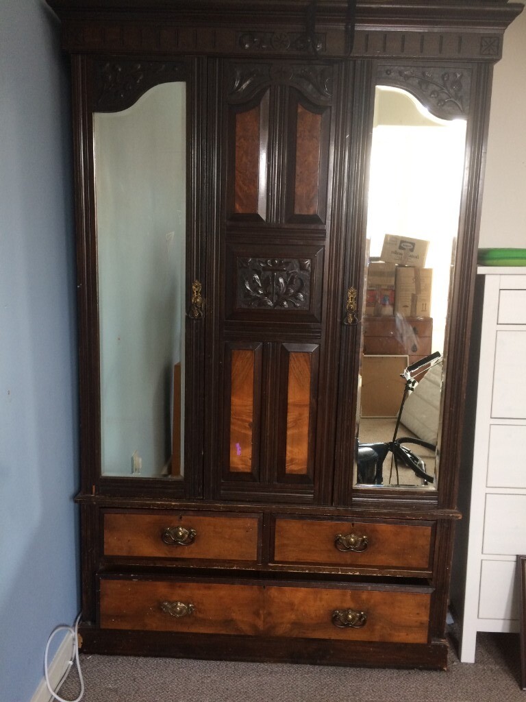 Double Wardrobe Armoire Scottish Thistle Carvings Vintage Mirror In