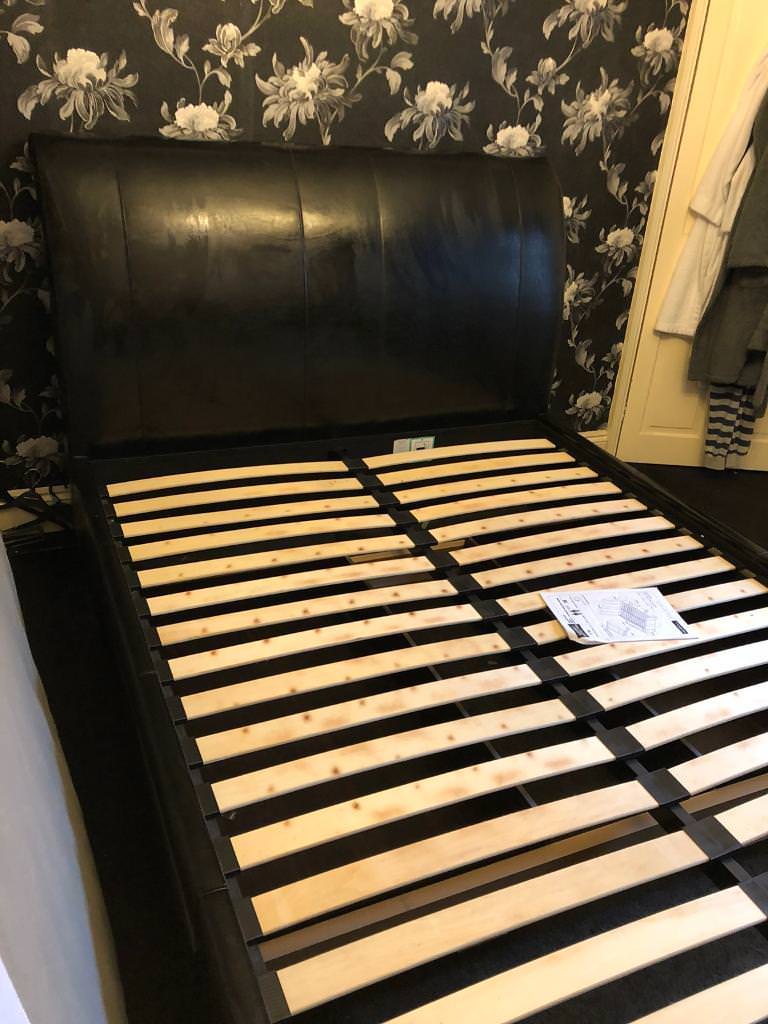 King Size Black Leather Sleigh Style 2 Drawer Bed in Ripley