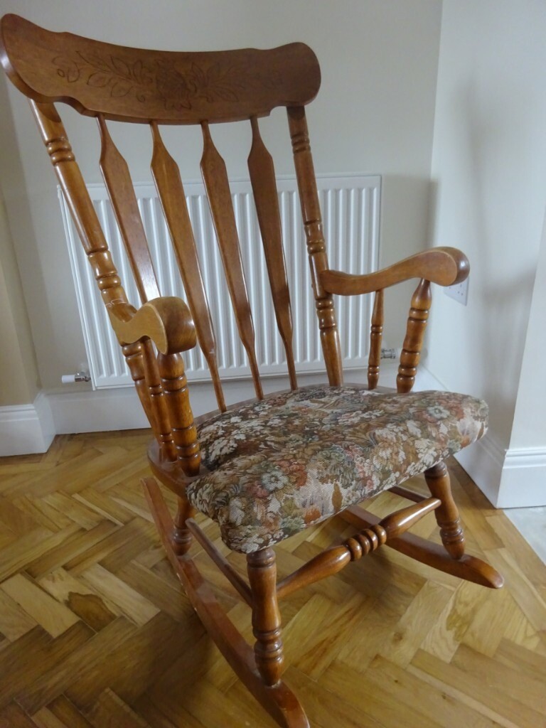 American style, solid wood rocking chair with tapestry seat, lovely