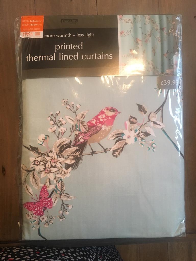 Dunelm beautiful birds duck egg blue thermal lined curtains NEW in