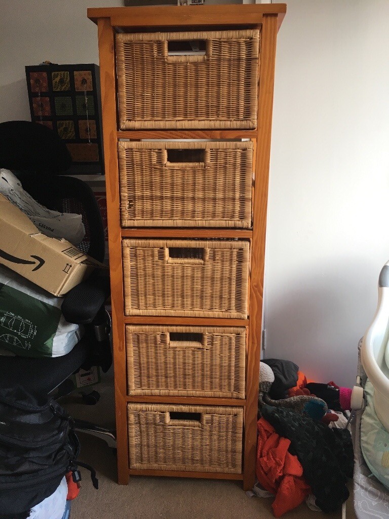 Ikea Wicker Pine Chest Of Five Drawers Tower Furniture Bedroom In