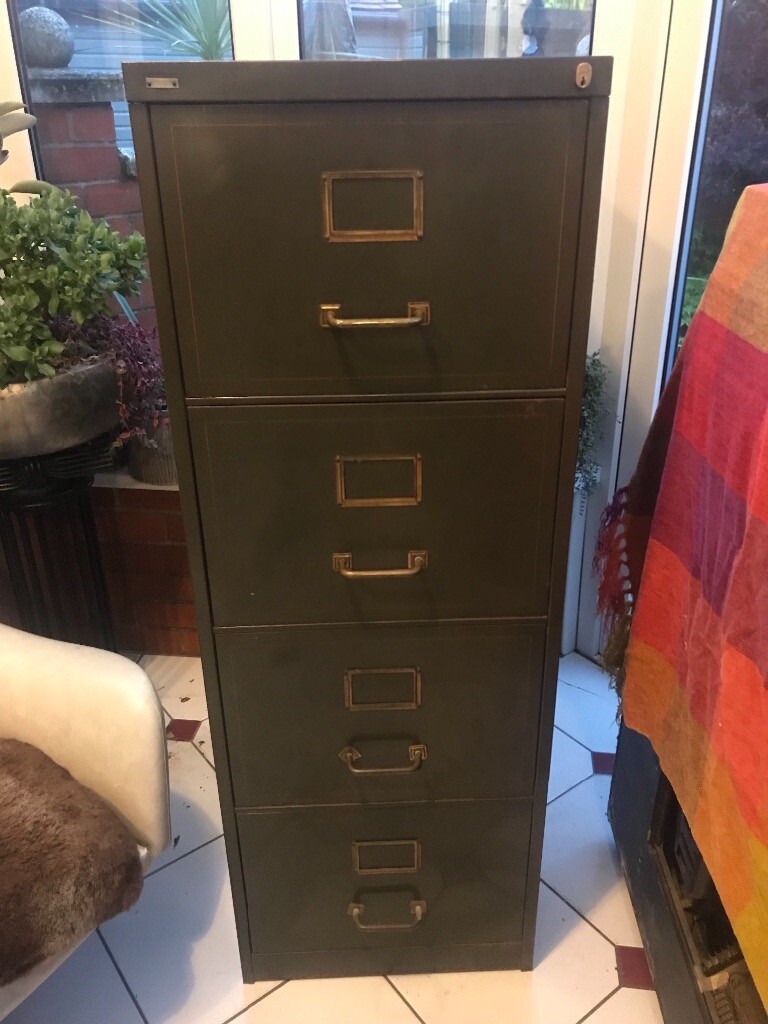 Vintage Mid Century Military Style Filing Cabinet With Brass Trim In
