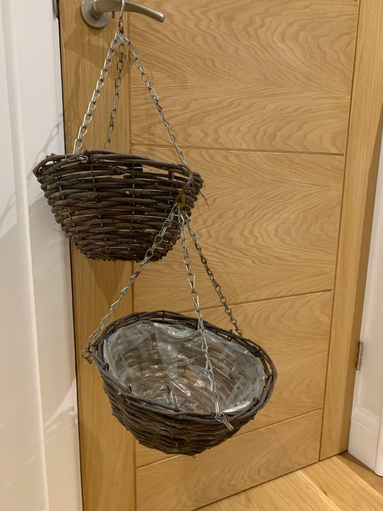 2 Wicker Rattan Flower Hanging Baskets. Round small 10” outdoor rattan