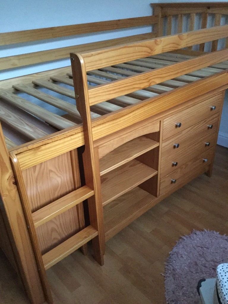Next solid pine single cabin bed including cupboard, desk & chest of