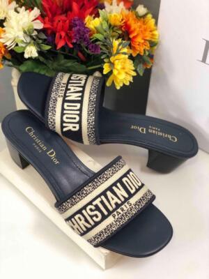 CHRISTIAN DIOR Dway Deep Blue Embroidered Cotton Heeled Slides EU39 / US9