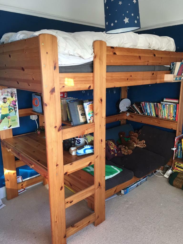 Stompa High Sleeper with desk shelves and futon frame in Norwich