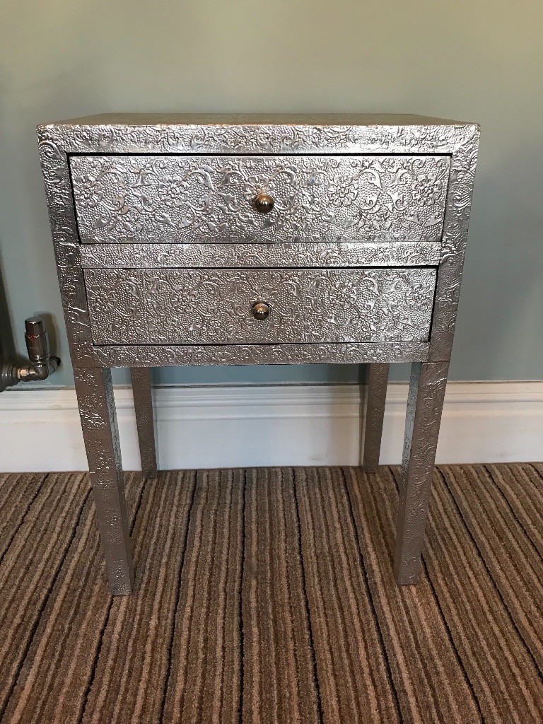 Silver embossed side table bedside table 2 drawers hallway bedroom
